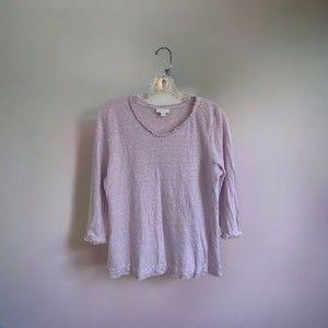 J Jill Love Linen Purple Pom Pom Trim Shirt Top Large 100% Linen